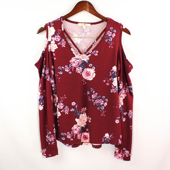 Wishful Park Tops - Wishful Park, Maroon Floral top w/Shoulder Cutouts